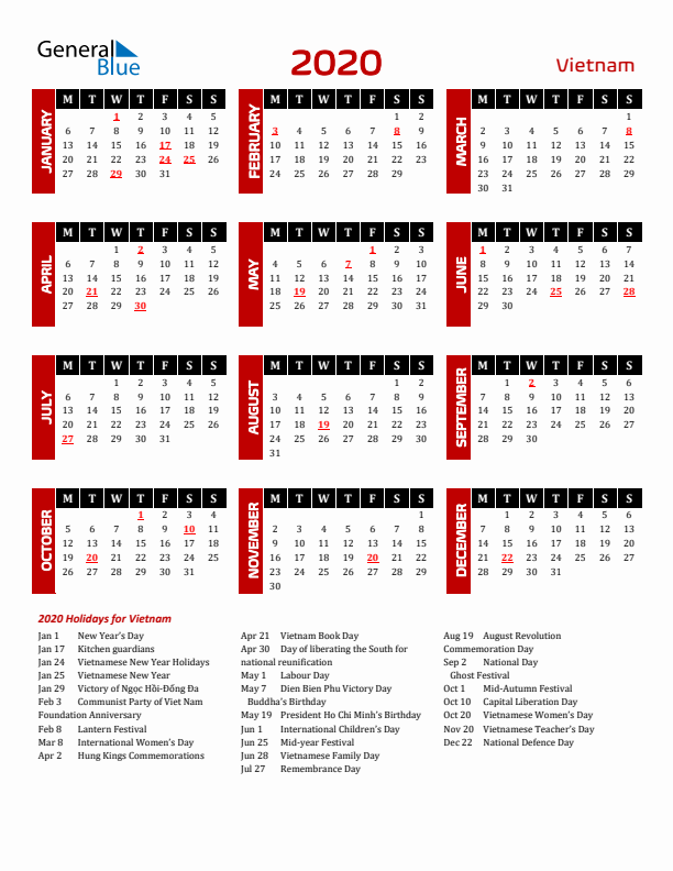 Download Vietnam 2020 Calendar - Monday Start