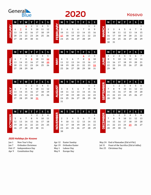 Download Kosovo 2020 Calendar - Monday Start