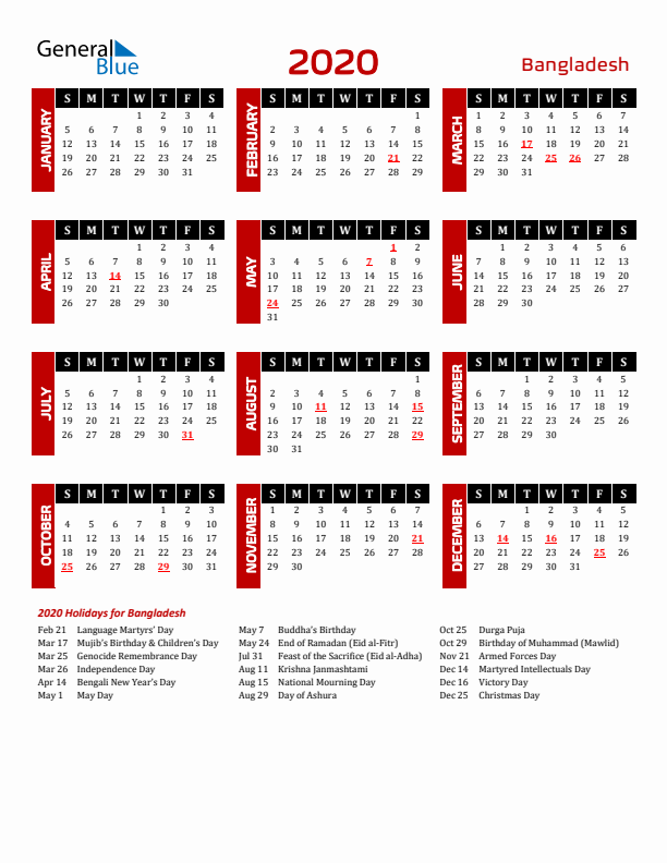 Download Bangladesh 2020 Calendar - Sunday Start