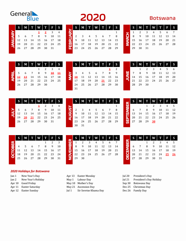 Download Botswana 2020 Calendar - Sunday Start
