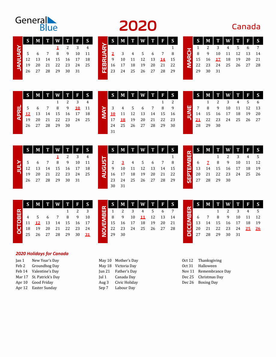 Canada 2020 Yearly Calendar Downloadable