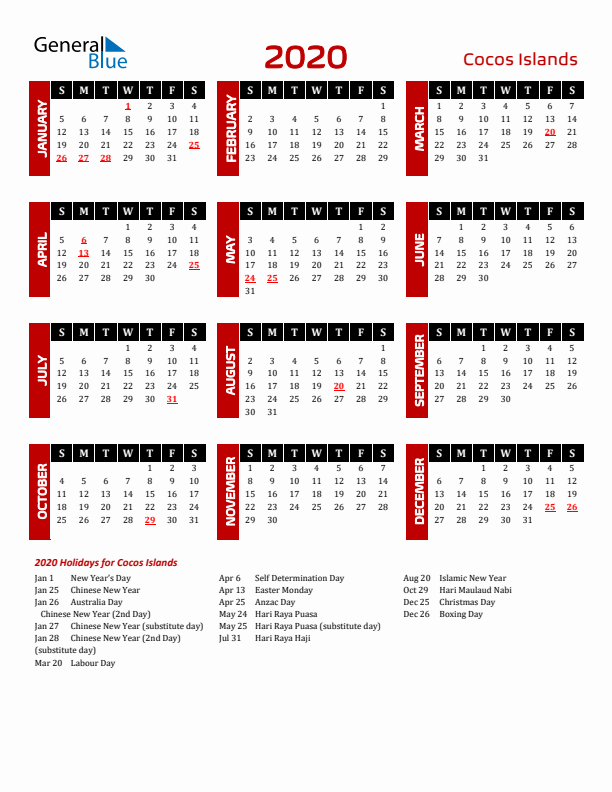 Download Cocos Islands 2020 Calendar - Sunday Start