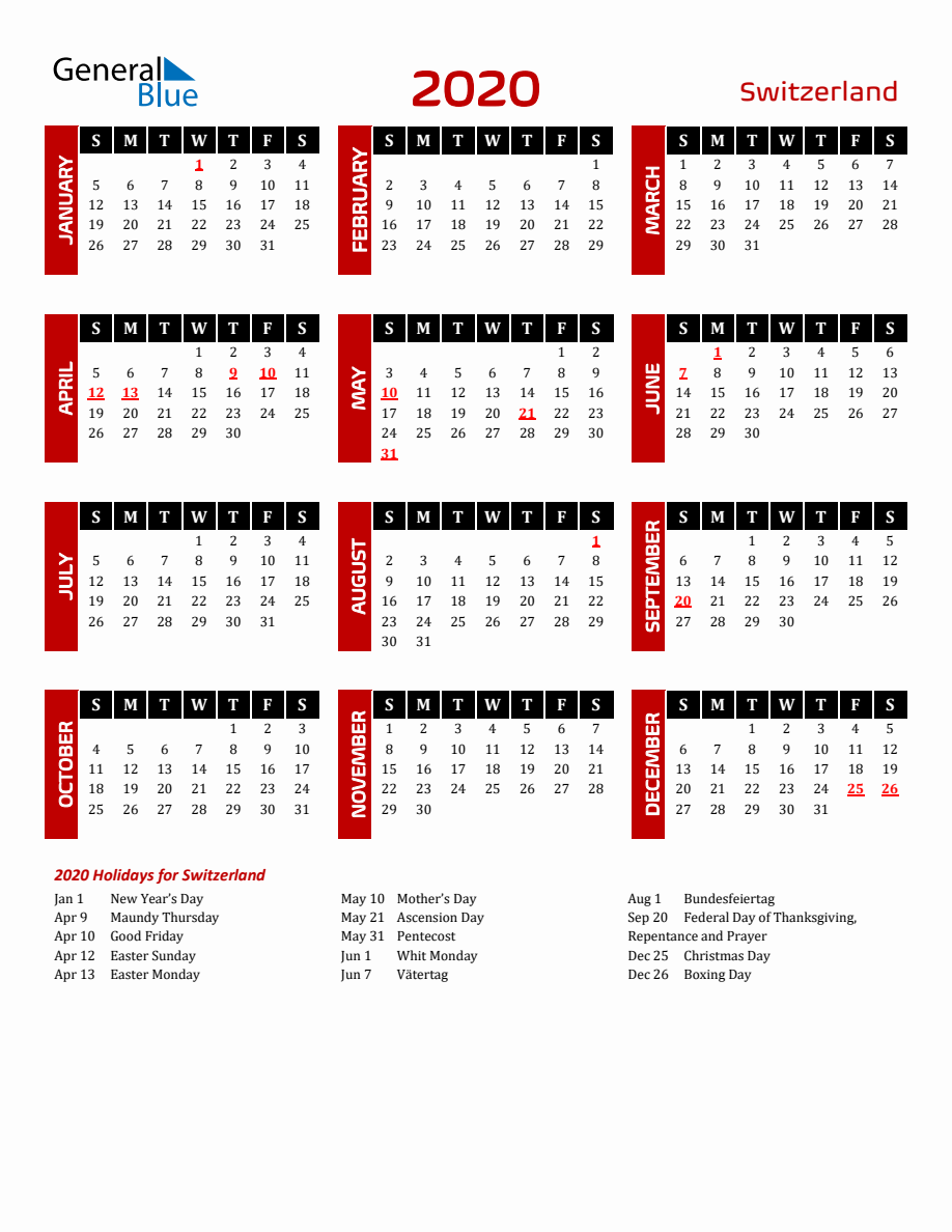 Switzerland 2020 Yearly Calendar Downloadable