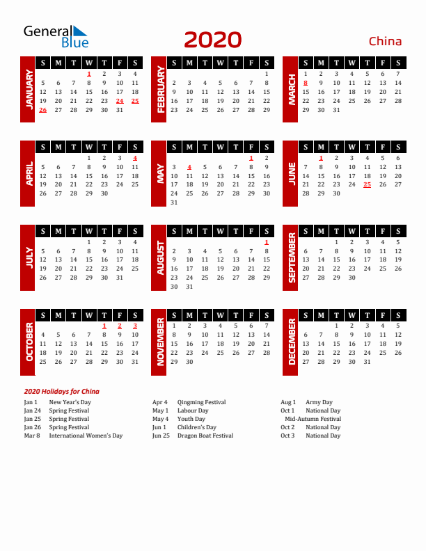 Download China 2020 Calendar - Sunday Start
