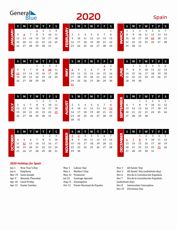 Download Spain 2020 Calendar - Sunday Start