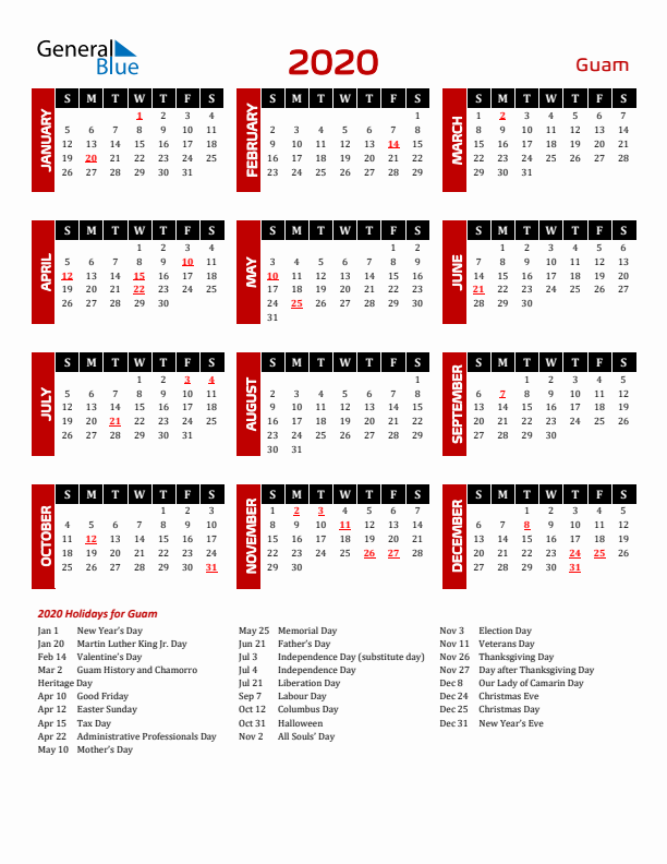 Download Guam 2020 Calendar - Sunday Start