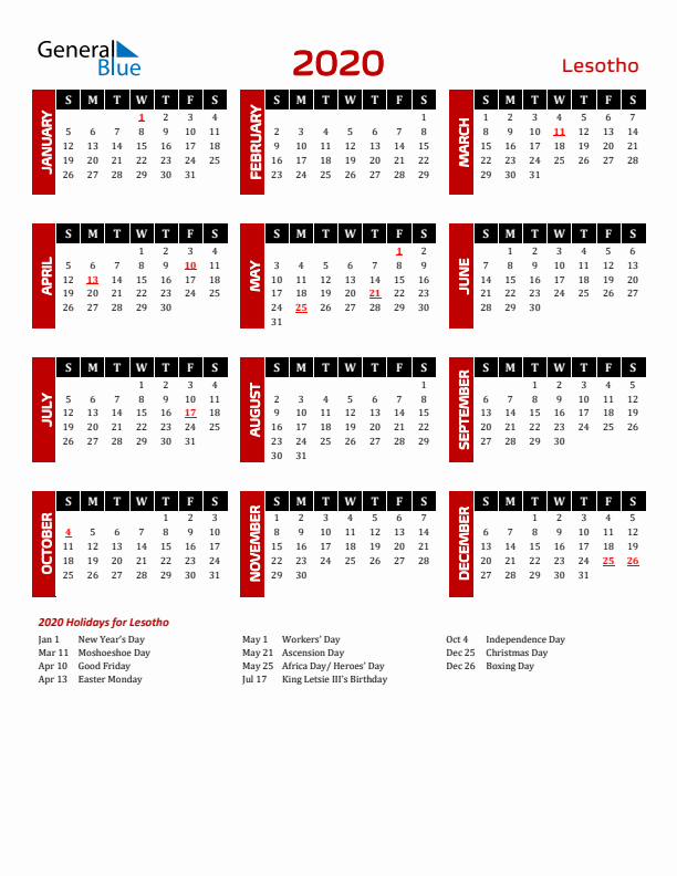 Download Lesotho 2020 Calendar - Sunday Start