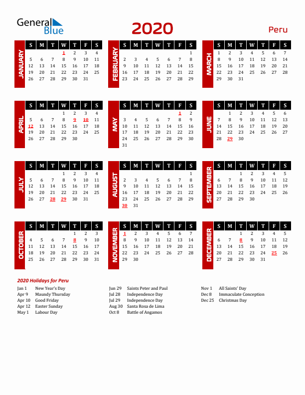 Download Peru 2020 Calendar - Sunday Start