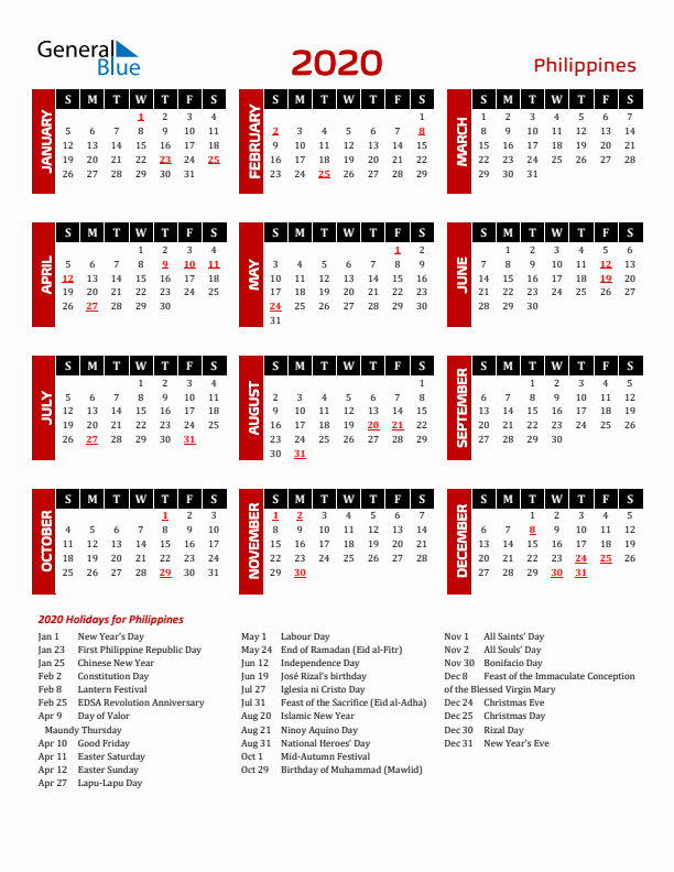 Download Philippines 2020 Calendar - Sunday Start