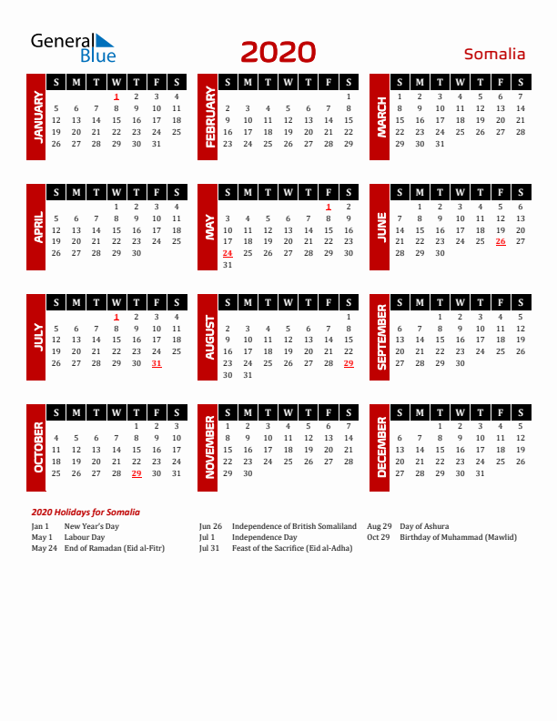 Download Somalia 2020 Calendar - Sunday Start
