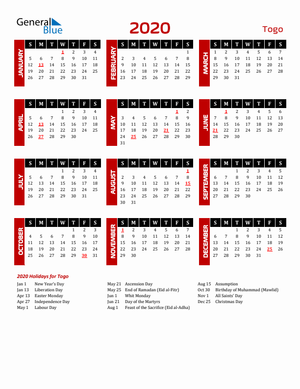 Download Togo 2020 Calendar - Sunday Start