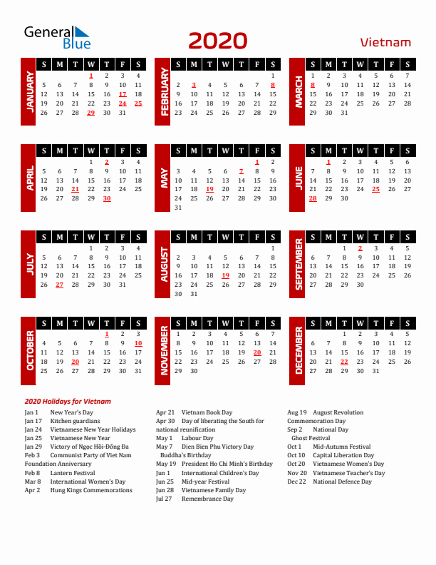 Download Vietnam 2020 Calendar - Sunday Start