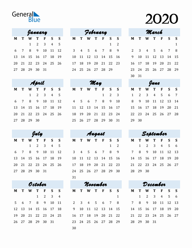 Calendar 2020 Free Download and Print
