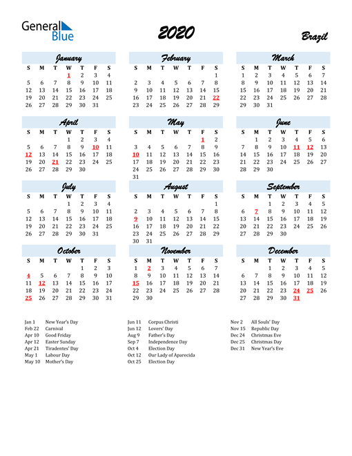 2020 Brazil Calendar with Holidays