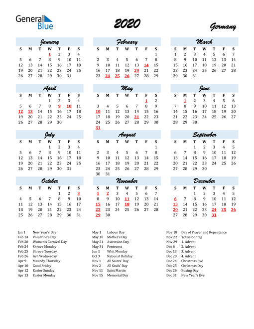 2020 Calendar - Germany with Holidays