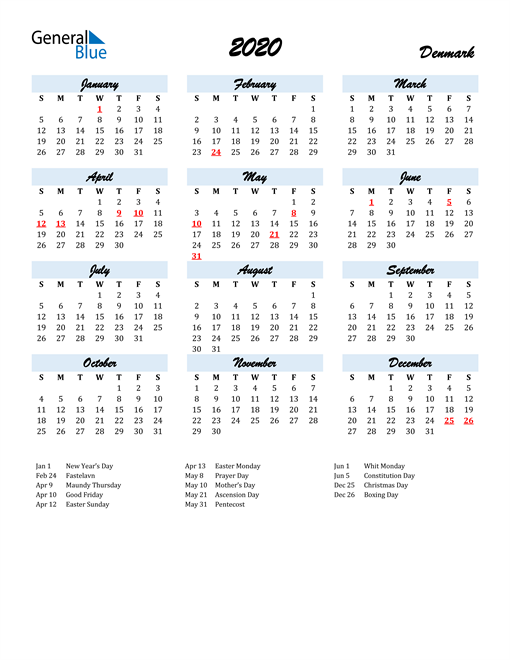 2020 Denmark Calendar with Holidays