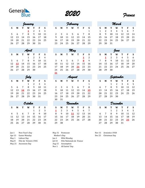 2020 Calendar for France with Holidays
