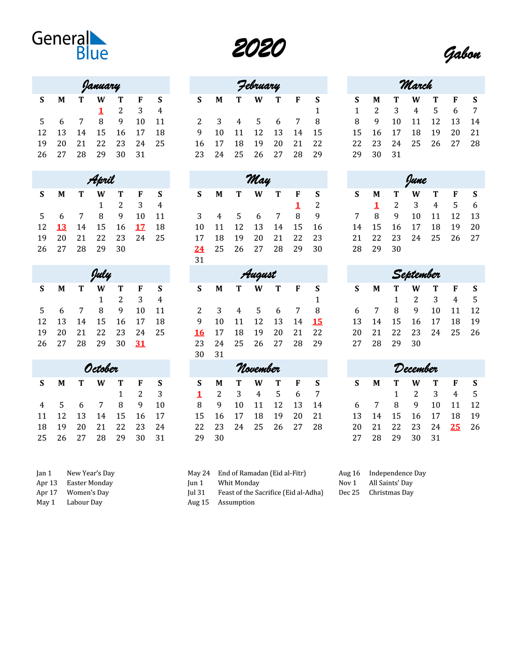 2020 Calendar for Gabon with Holidays