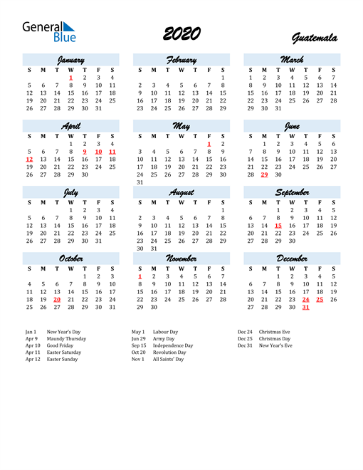 2020 Calendar for Guatemala with Holidays