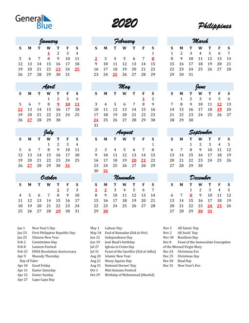 2020 Philippine Calendar With Holidays Template