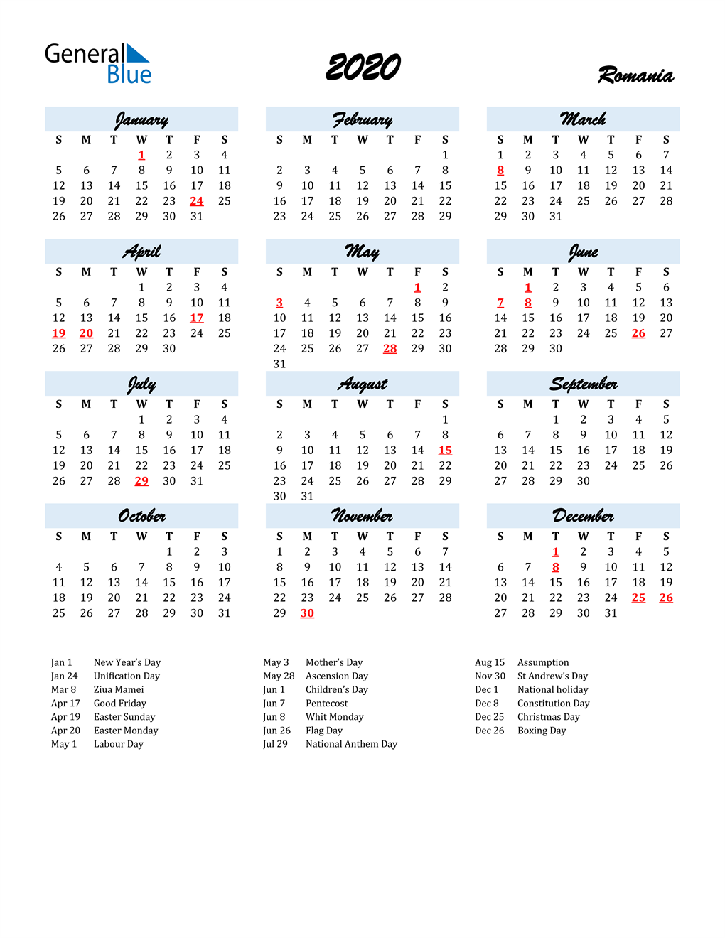 2020 Romania Calendar with Holidays