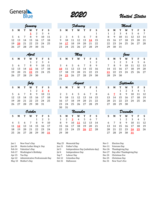 2020 Calendar for United States with Holidays
