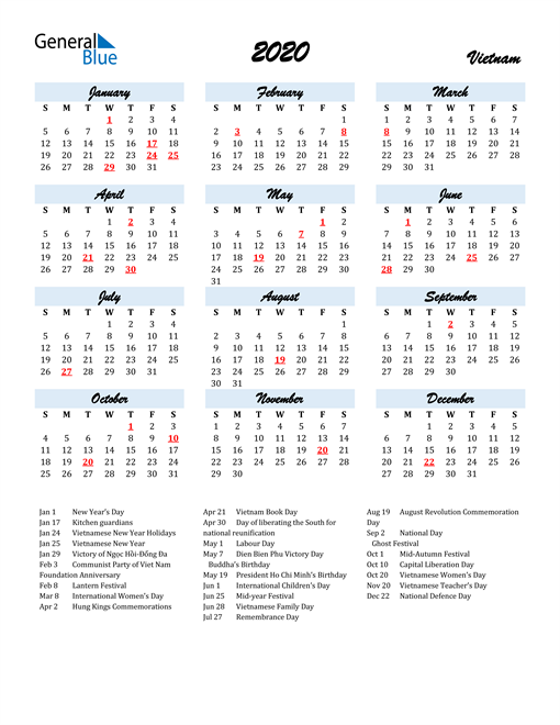 2020 Vietnam Calendar with Holidays