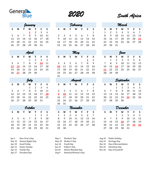 2020 Calendar for South Africa with Holidays