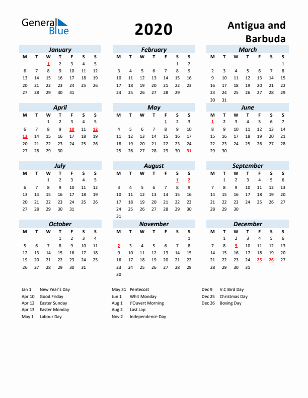 2020 Calendar for Antigua and Barbuda with Holidays