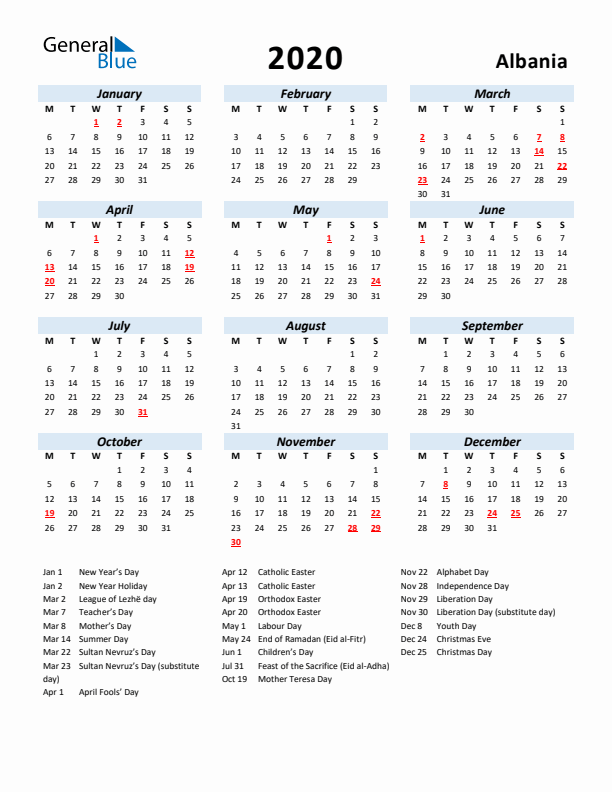 2020 Calendar for Albania with Holidays
