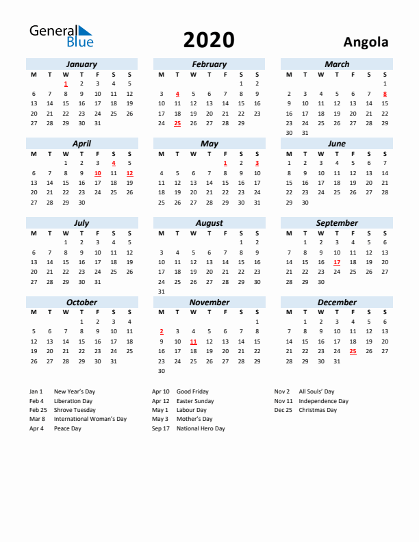 2020 Calendar for Angola with Holidays