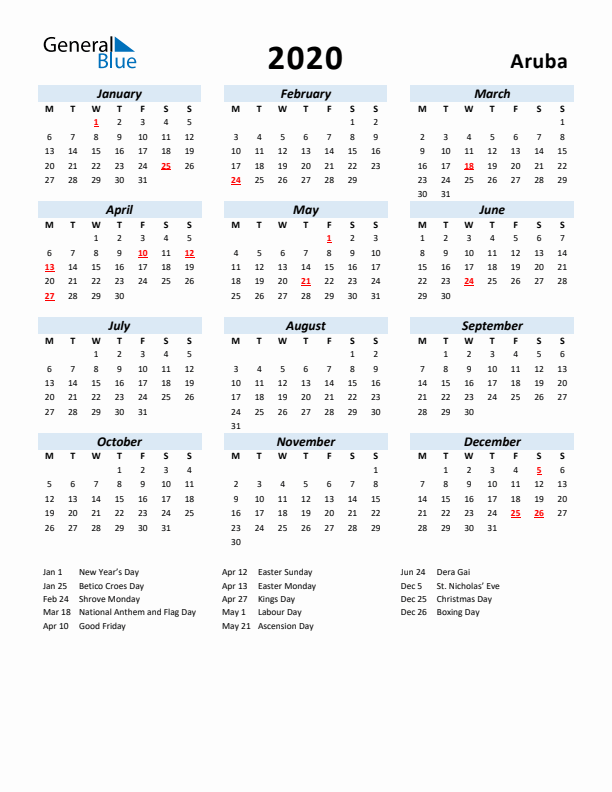 2020 Calendar for Aruba with Holidays