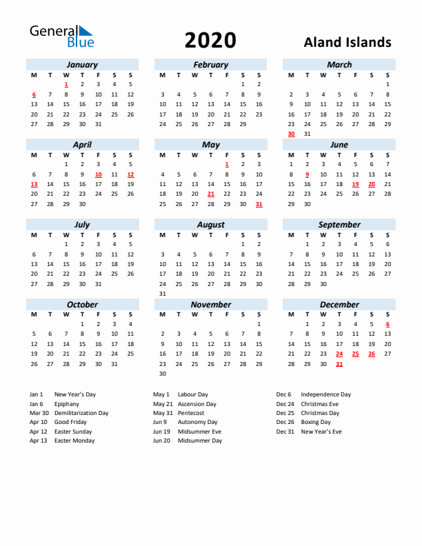 2020 Calendar for Aland Islands with Holidays
