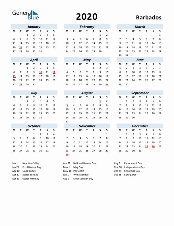 2020 Calendar for Barbados with Holidays