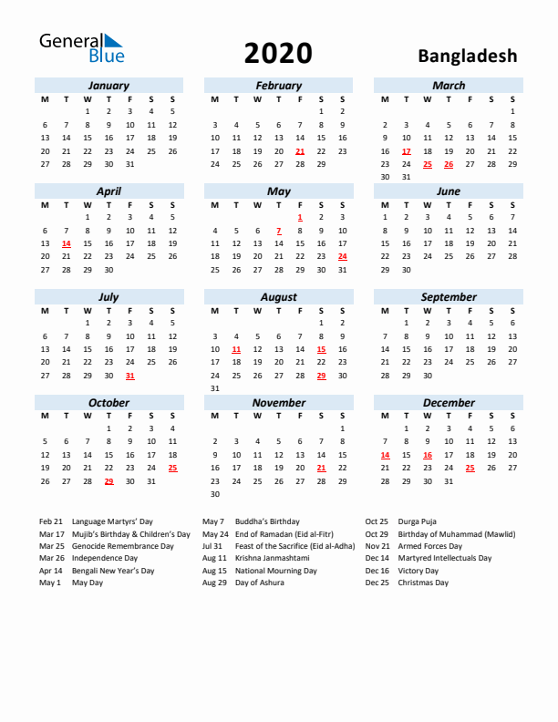 2020 Calendar for Bangladesh with Holidays