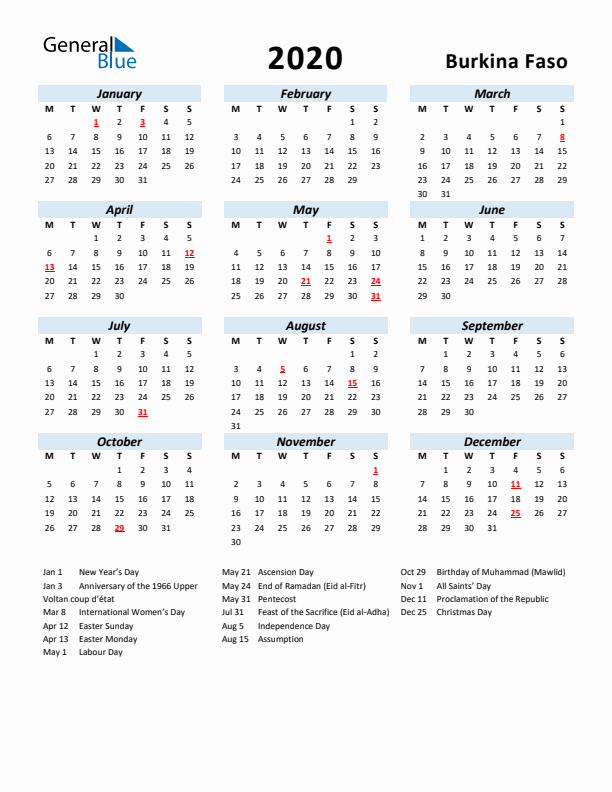 2020 Calendar for Burkina Faso with Holidays