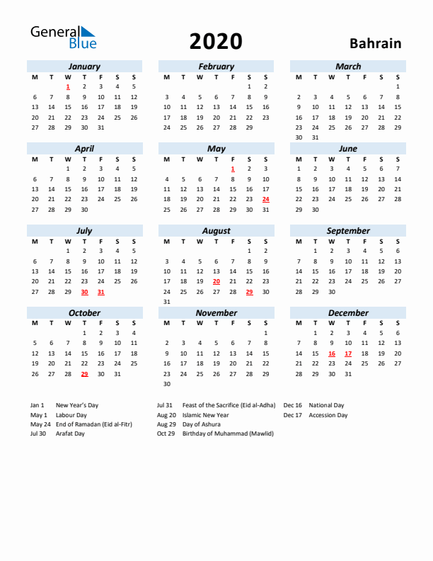 2020 Calendar for Bahrain with Holidays