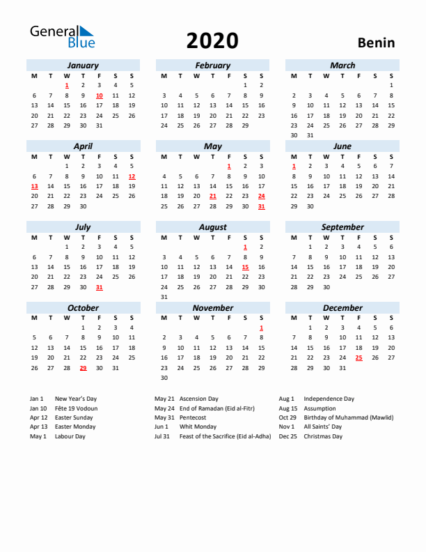 2020 Calendar for Benin with Holidays