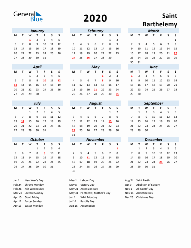 2020 Calendar for Saint Barthelemy with Holidays