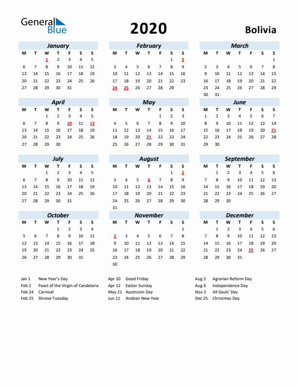 2020 Calendar for Bolivia with Holidays