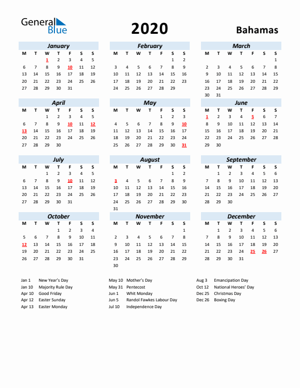 2020 Calendar for Bahamas with Holidays