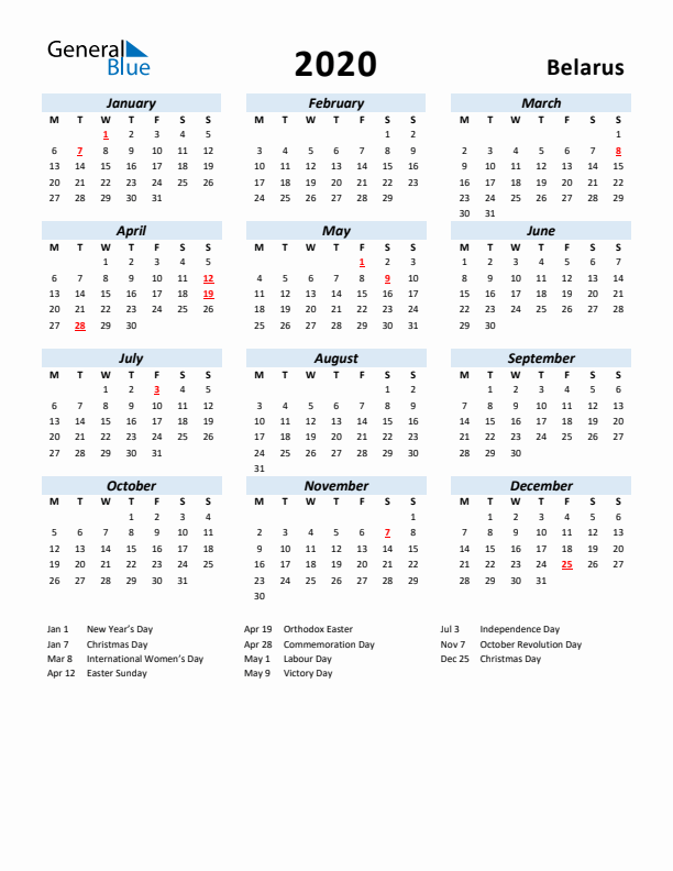 2020 Calendar for Belarus with Holidays