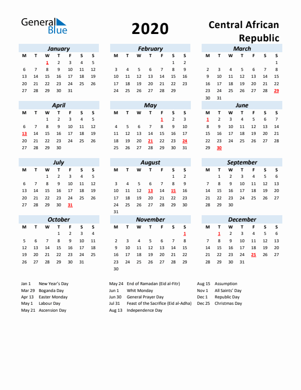 2020 Calendar for Central African Republic with Holidays