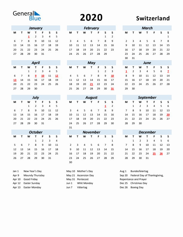 2020 Calendar for Switzerland with Holidays