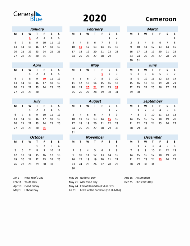 2020 Calendar for Cameroon with Holidays