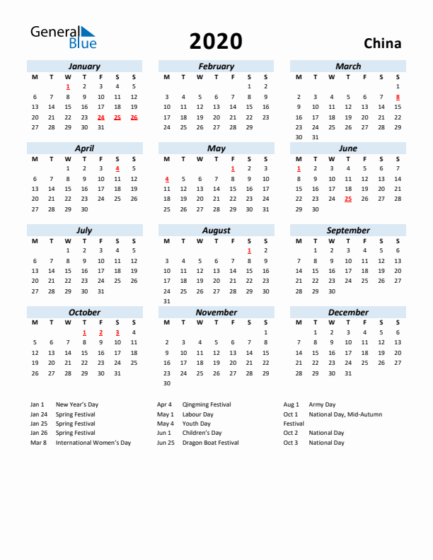 2020 Calendar for China with Holidays