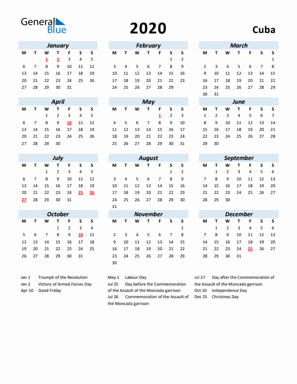 2020 Calendar for Cuba with Holidays