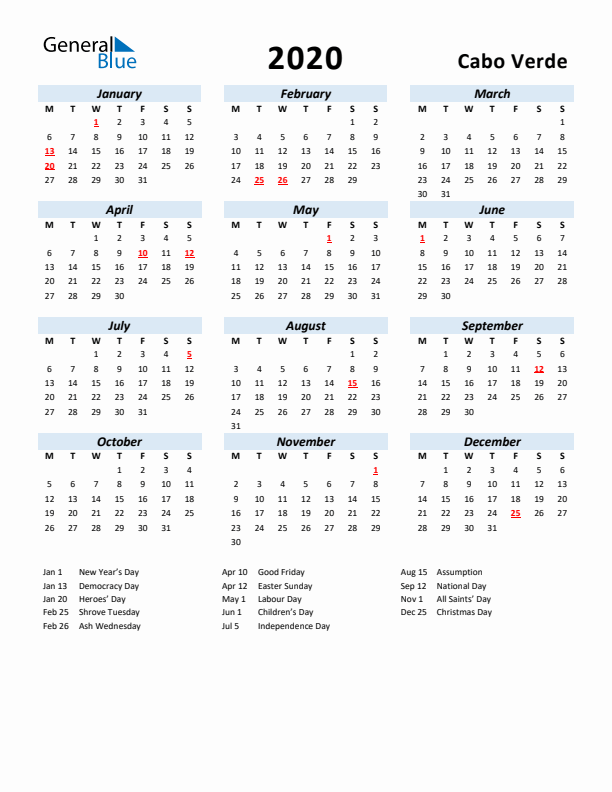 2020 Calendar for Cabo Verde with Holidays