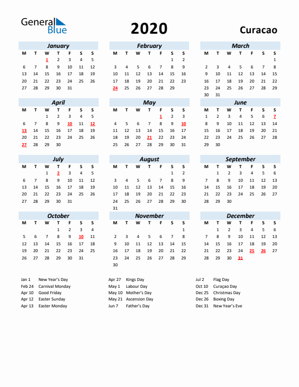 2020 Calendar for Curacao with Holidays