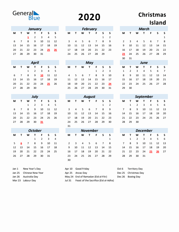 2020 Calendar for Christmas Island with Holidays